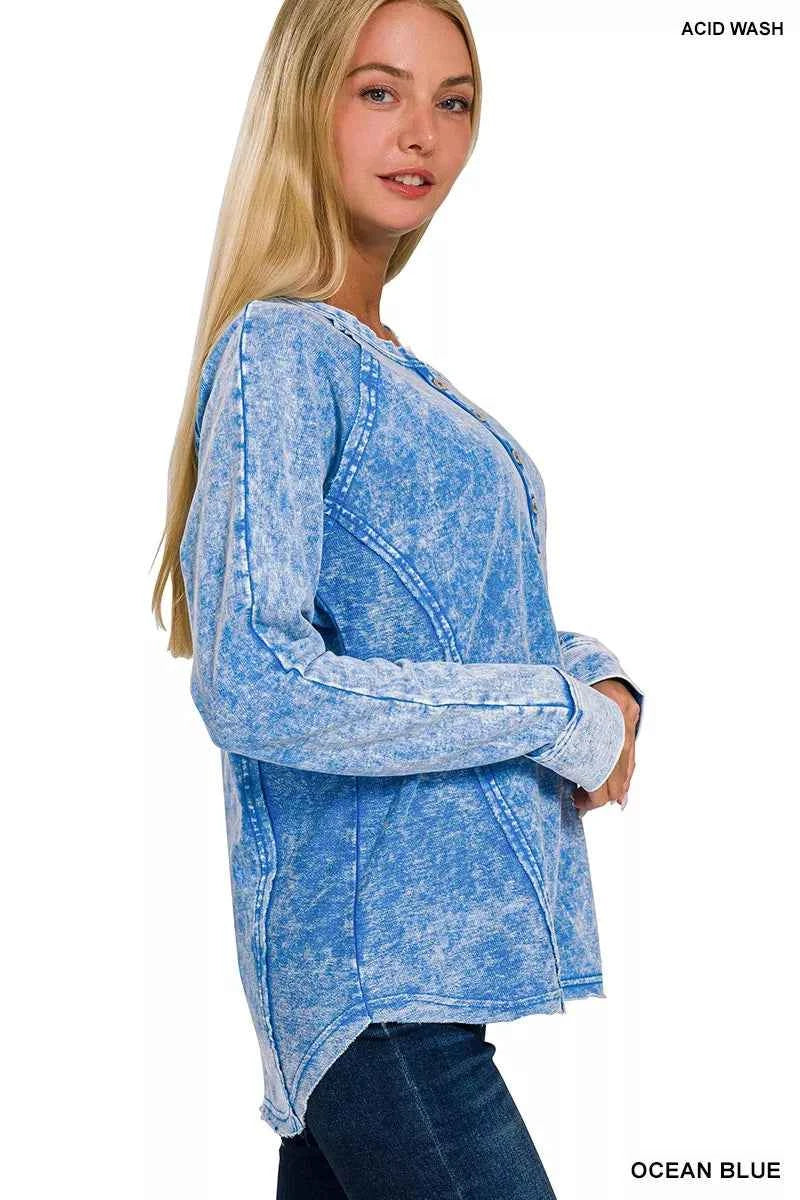 Zenana Washed French Terry Half Button Top 89359245a1b94b4db158fd7674dc43f7-Max-Origin