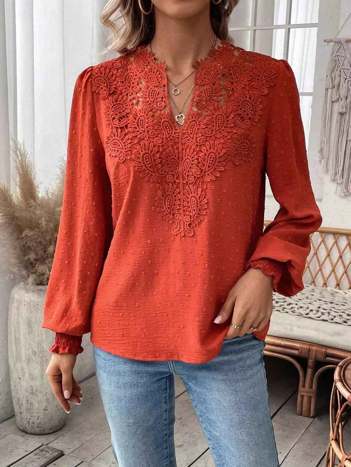Swiss Dot Lace Detail Long Sleeve Blouse 8a5532d2-9238-41ad-adfc-a3954a78d30f-Max-Origin