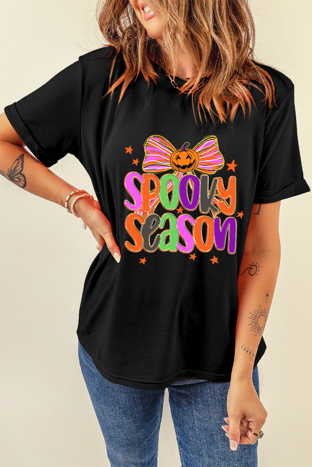 Black SPOOKY SEASON Halloween Pumpkin Bow Heat Transfer Printing T Shirt 8a70344631762dea