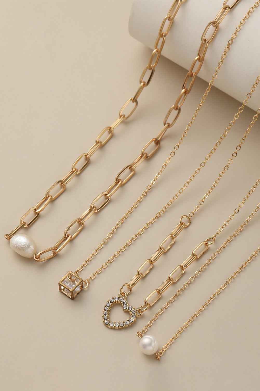 Gold 4pcs Pearl Cube Heart Pendant Chain Necklace Set 8a9fb0fa7551cbbd