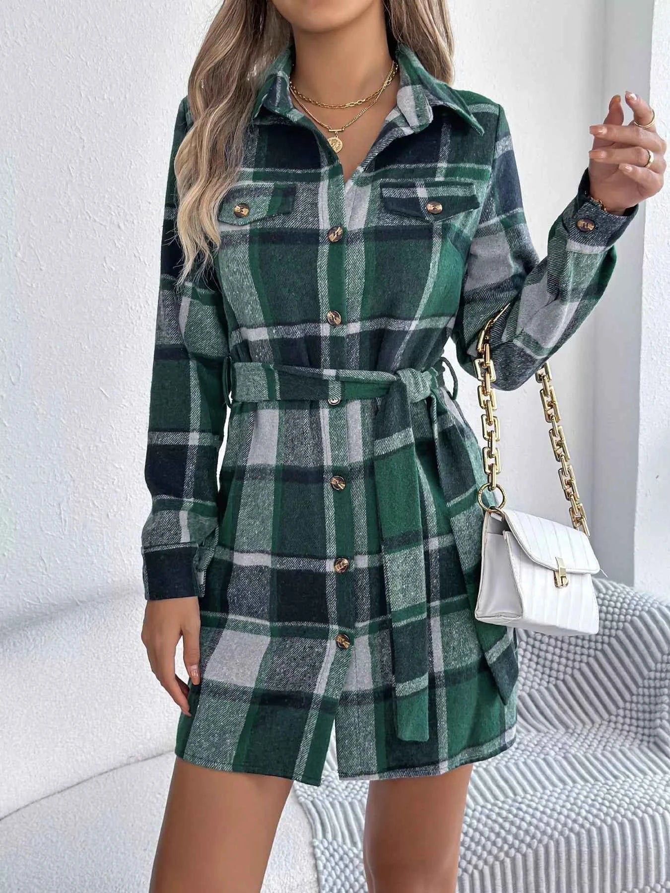Plaid Button Front Tie Waist Shirt Dress 8ad311dcba3048739630c4550316352a-Max-Origin