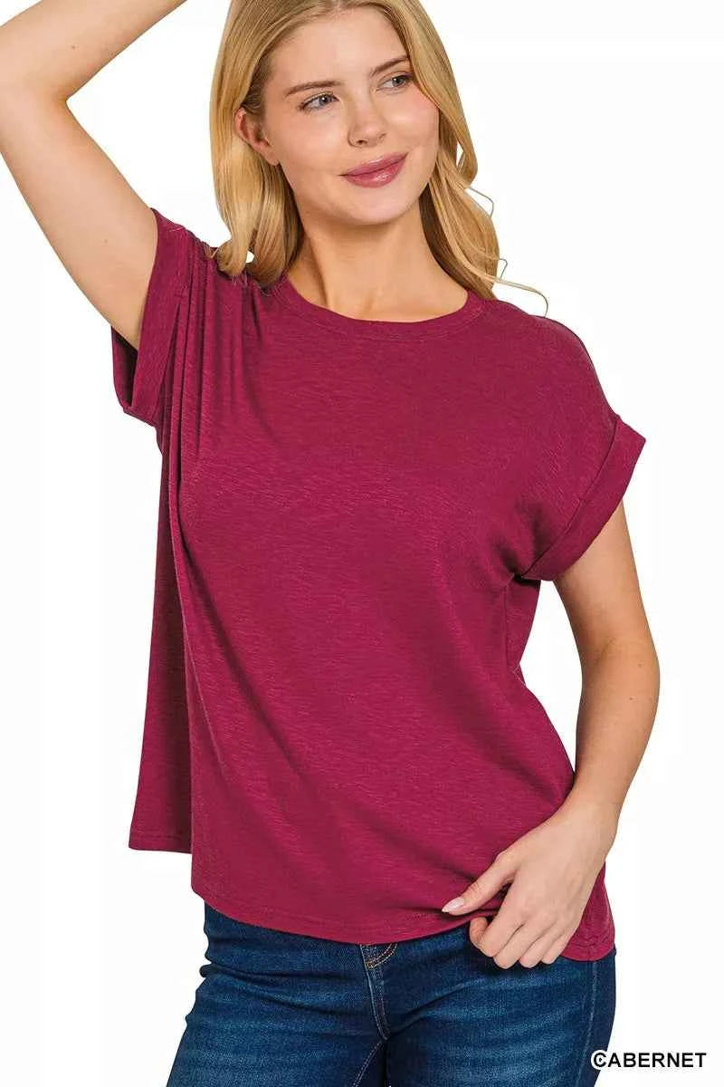 Zenana Cotton Modal Slub Rolled Sleeve T-Shirt CABERNET 8b6b87945ed848ca9a6ba8366278e6ef-Max-Origin
