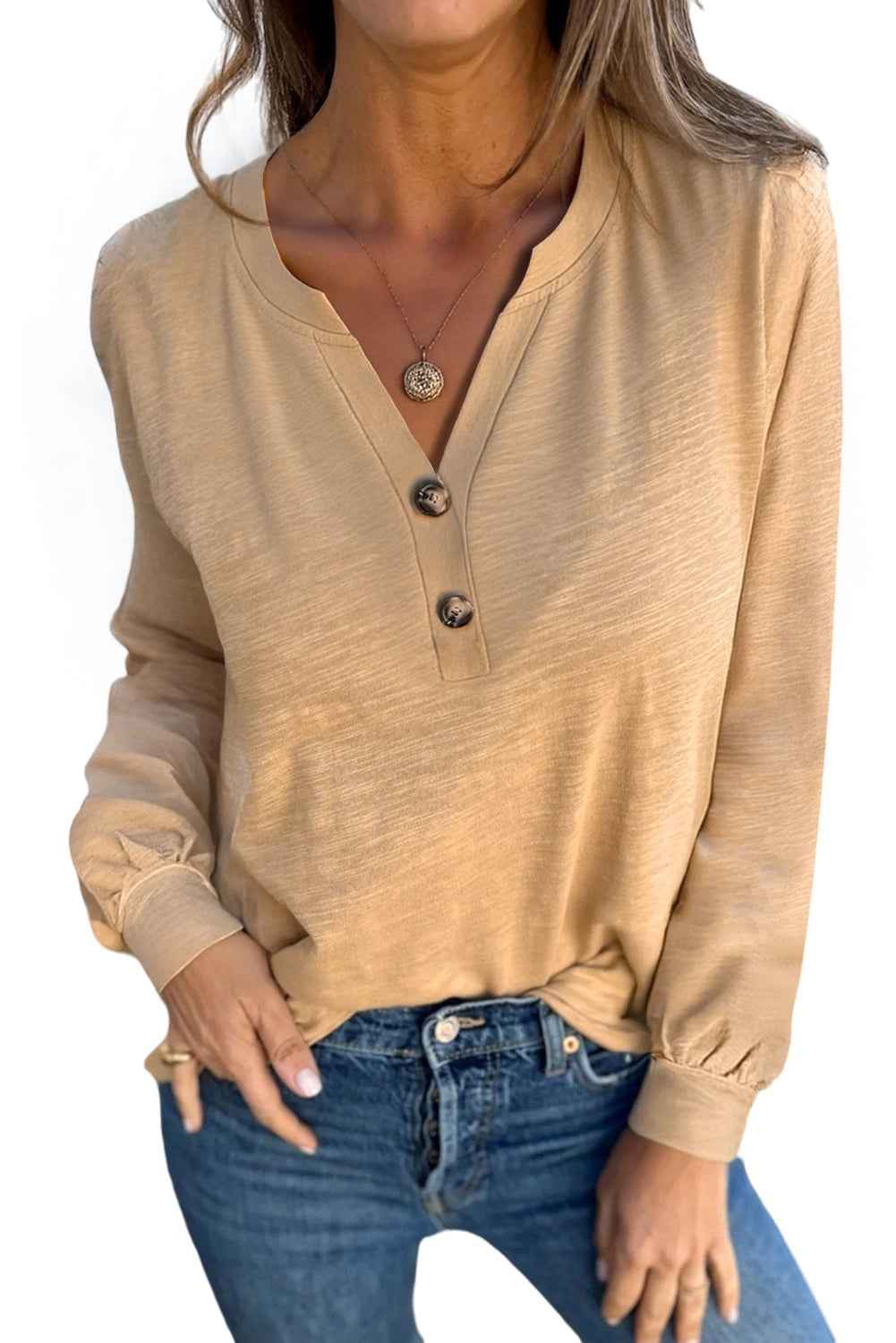 Racing Red Casual Button V Neck Long Sleeve Top 8b9f98b81c0f41e5