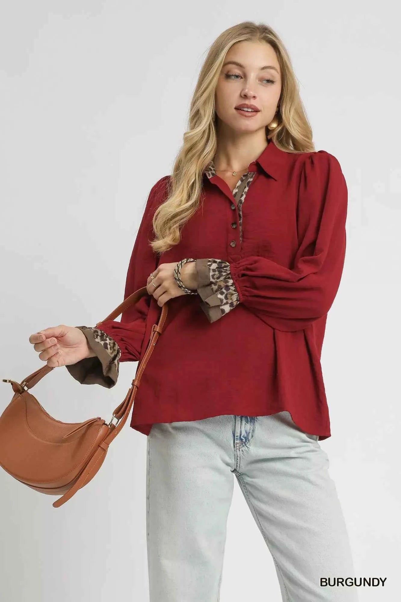 Umgee Half Button Blouse with Leopard Print Trim BURGUNDY 8be17ed2-c763-48d4-8a46-aa746c641a62-Max-Origin