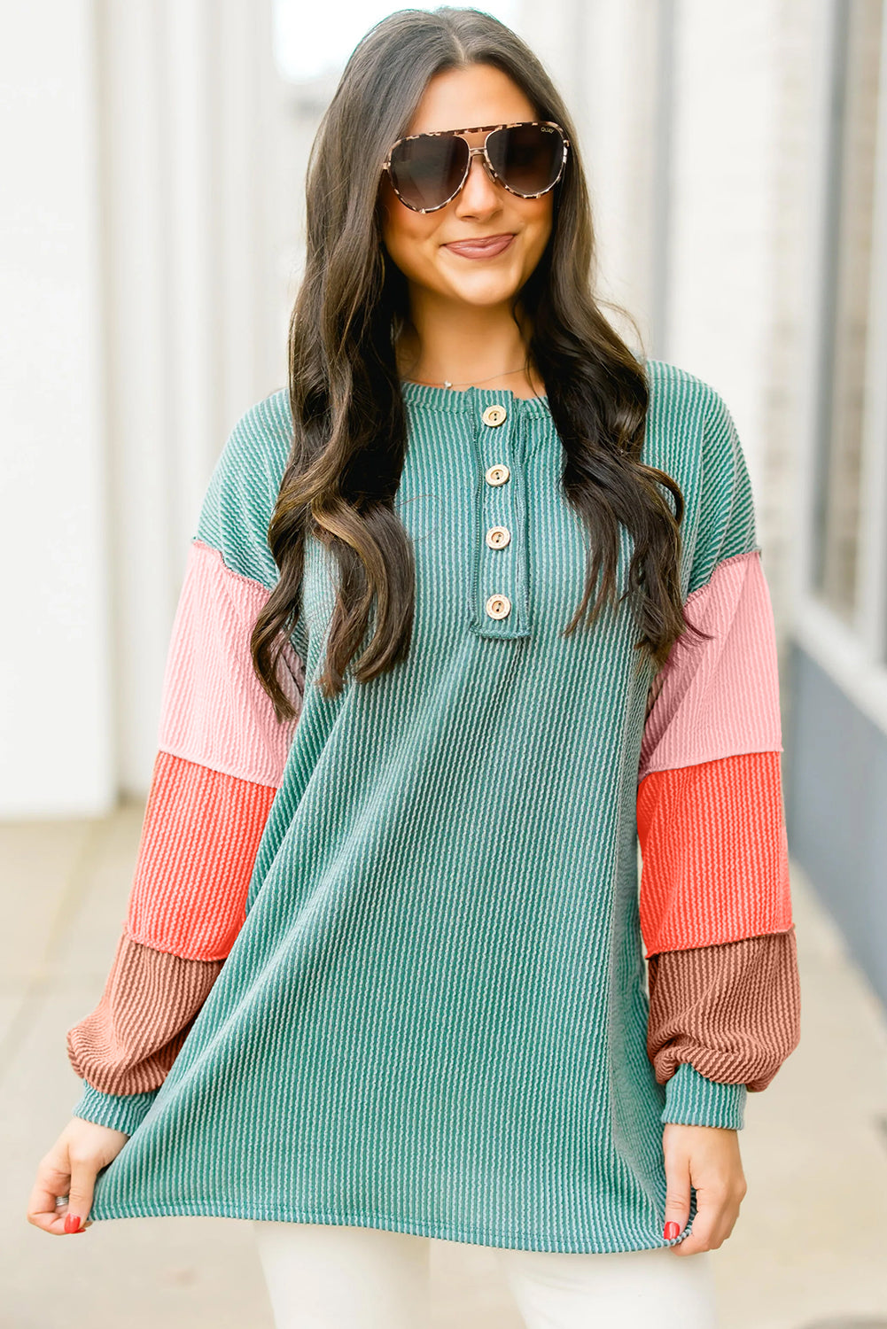 Multicolour Twisted Ribbed Colorblock Patchwork Henley Top 8be21473d2848e32