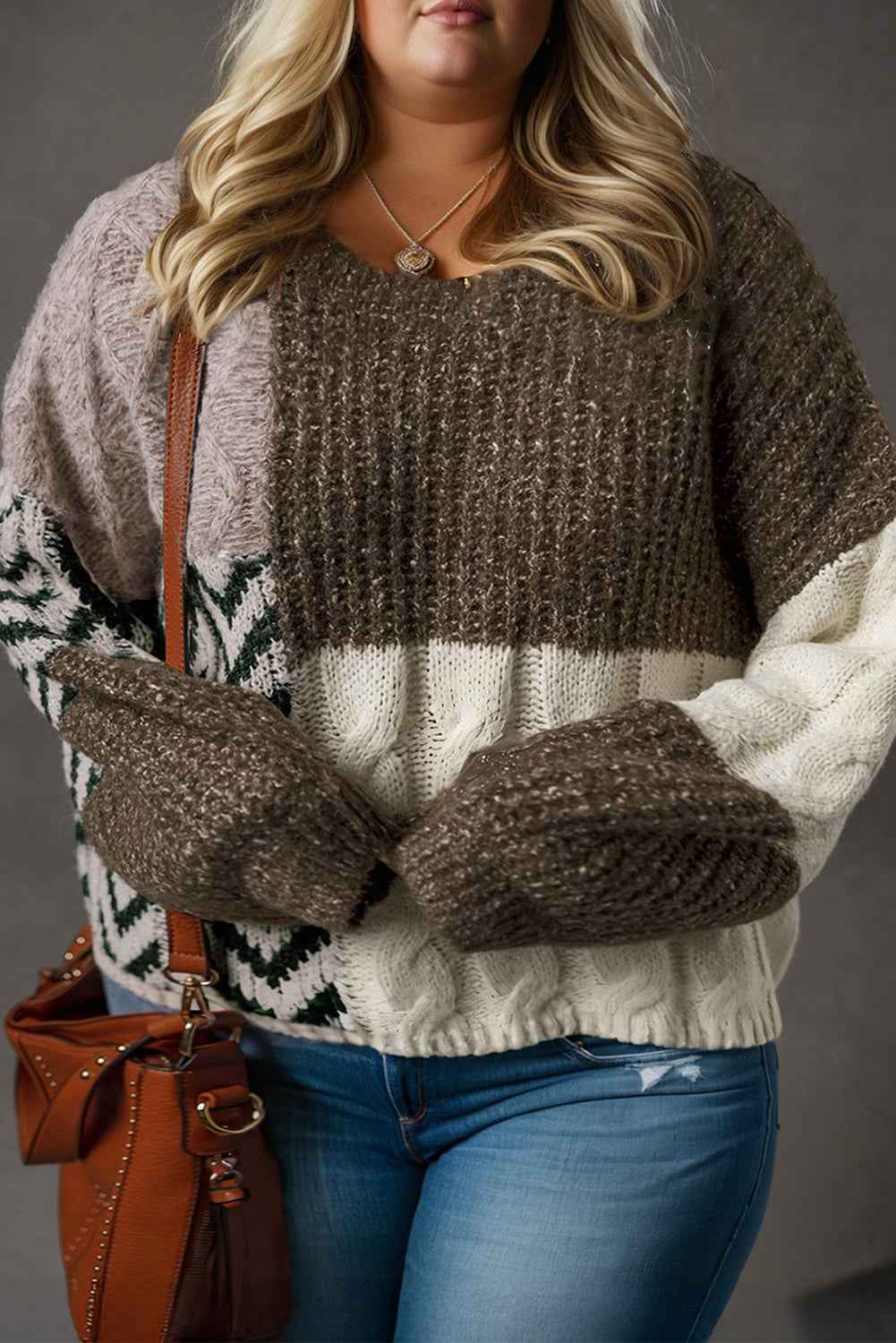 Brown Plus Size Color Block Patchwork Knotted Back Loose Fit Sweater Brown 100%Polyester 8c92c1f73a8e2af3