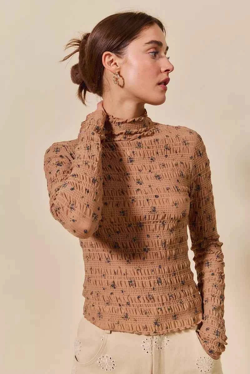 SO ME Floral Print Textured Long Sleeve Knit Top