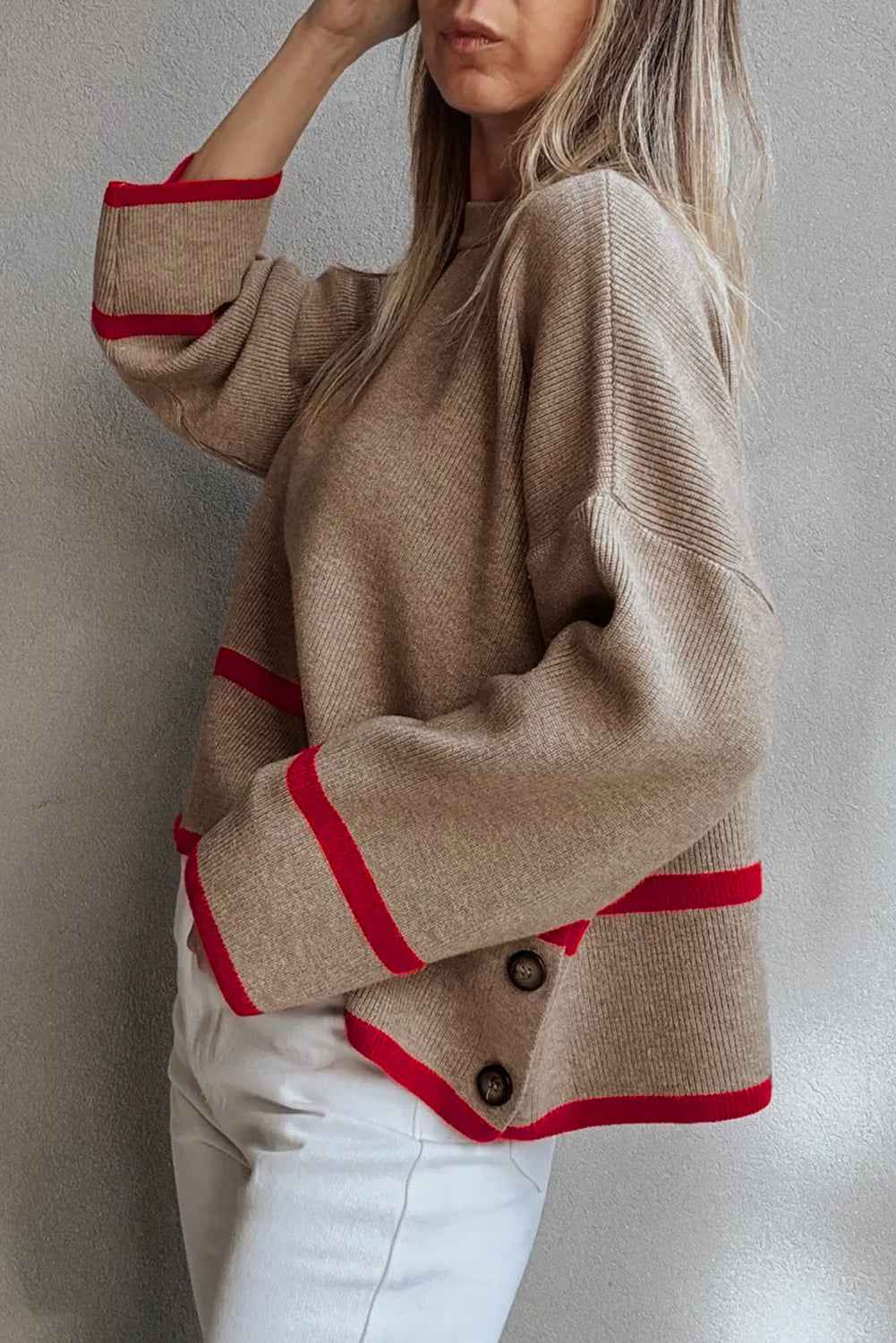 Beige Ribbed Knit Contrasted Stripe Detail Button Side Loose Sweater