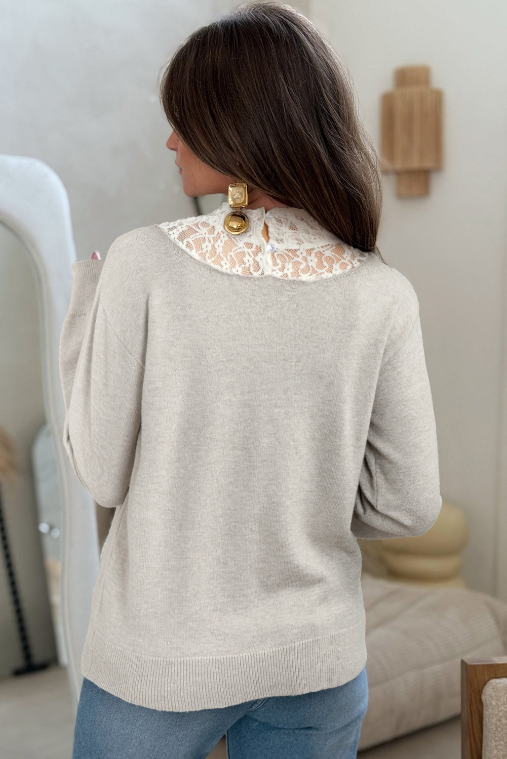 Light Grey Button Keyhole Lace Patchwork Drop Shoulder Sweater 8e7d772e2c66dc88