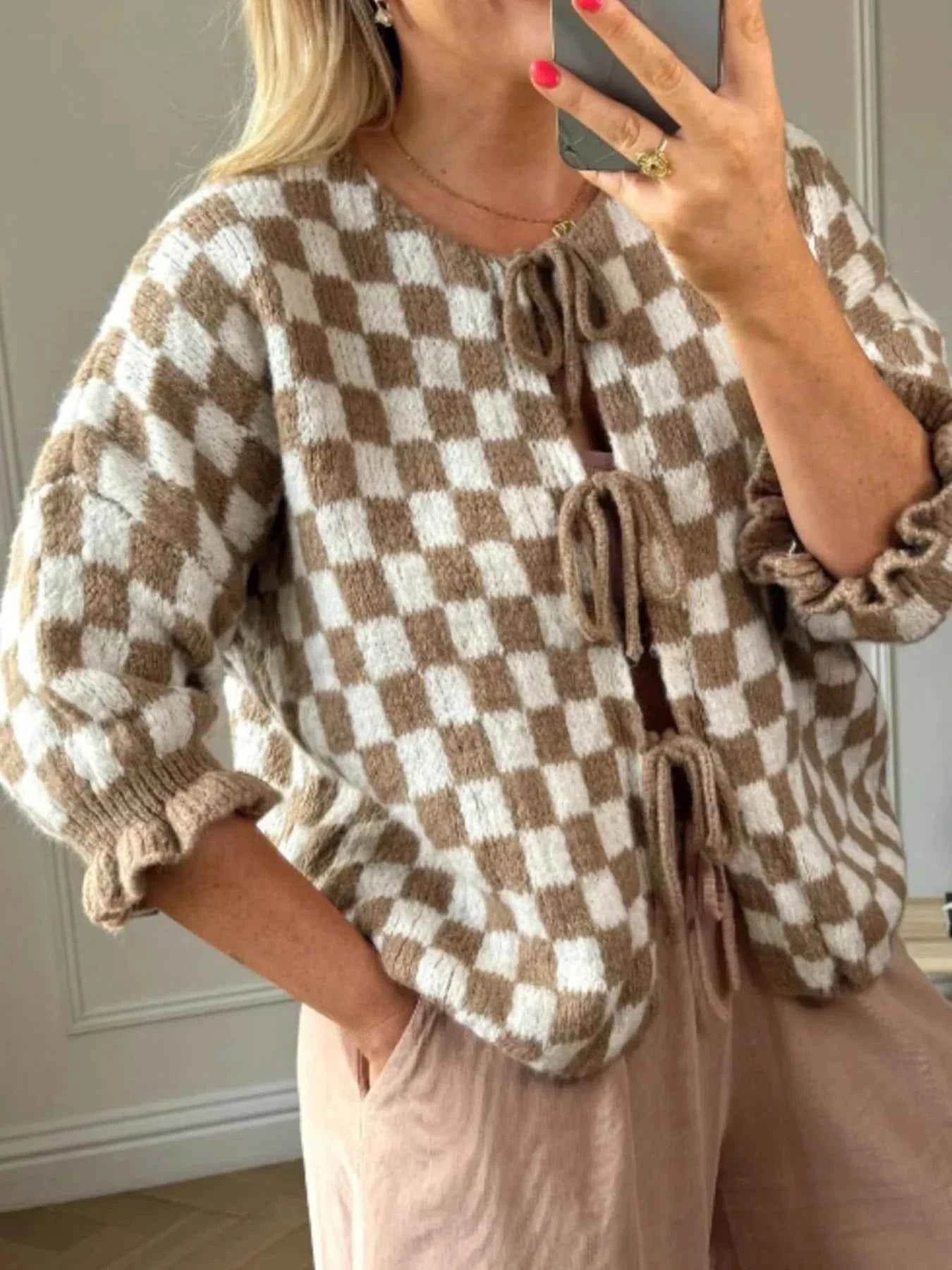 Checkered Tie-Front Knit Cardigan Khaki 8eab41d4-5c02-4fe5-828f-f968eecf7c64-Max-Origin_2f8893a2-443f-4728-bf94-eab71911f65d