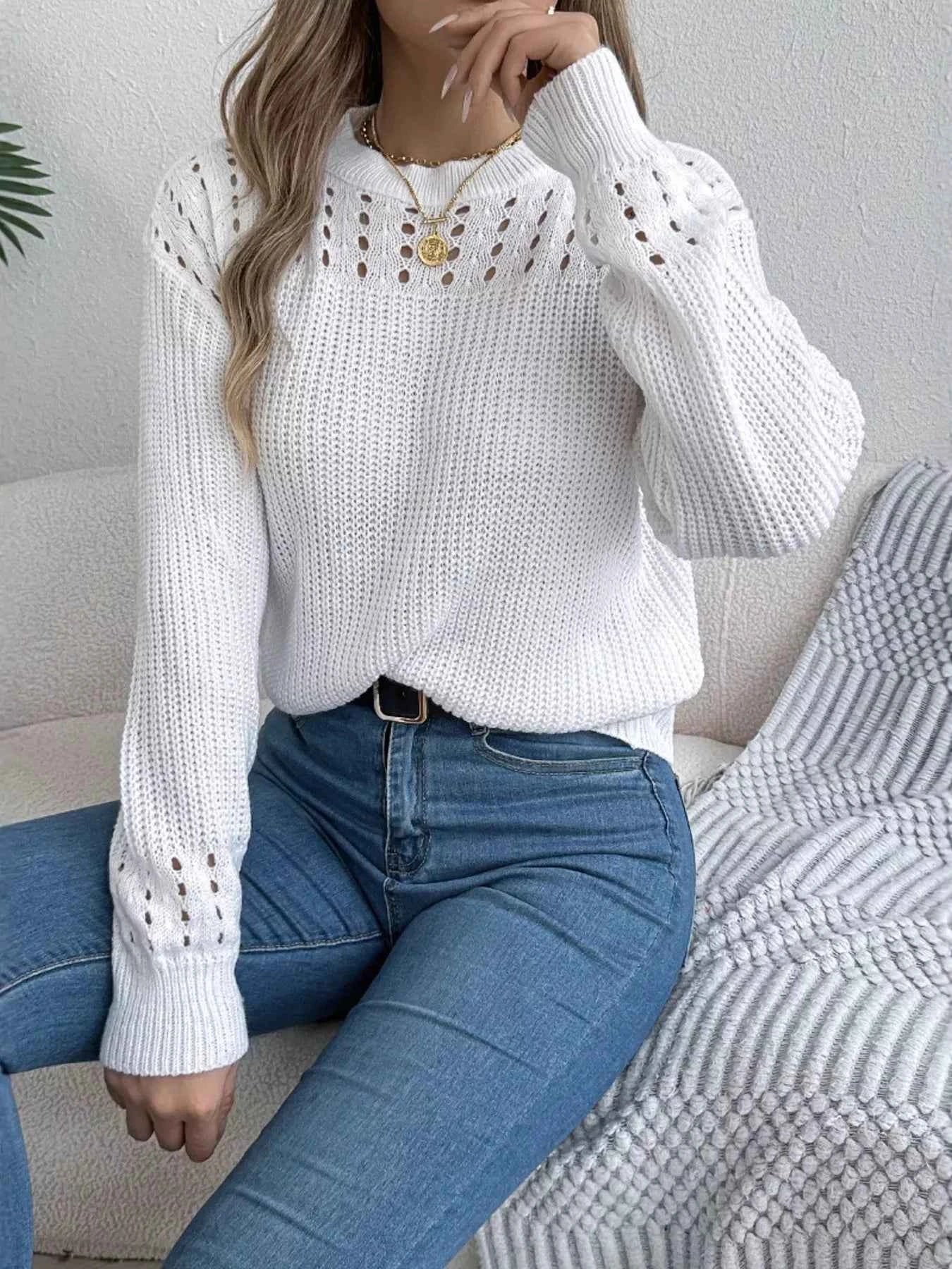 Openwork Round Neck Long Sleeve Sweater White 8ef1d712f16a47dfb6271b75fd26826f-Max-Origin