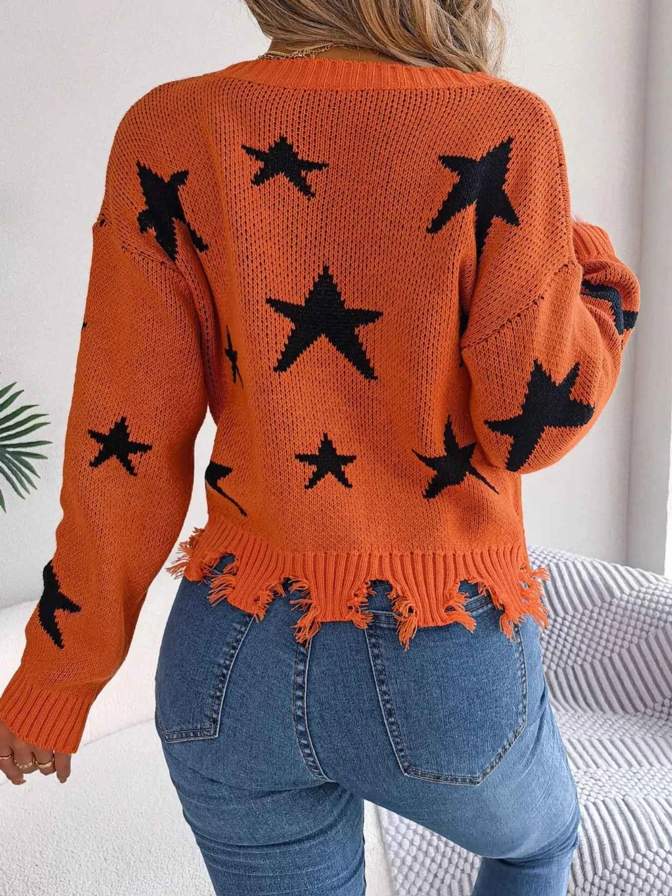 Star Pattern V-Neck Distressed Sweater 8f919e5a-2bf3-40b3-81bb-cd0738e42405-Max-Origin