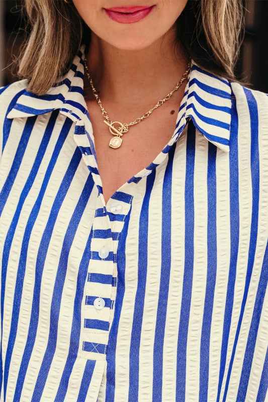 Stripe Buttoned Collar Side Pockets Mini Dress 8fed3677-1548-4085-bd87-6ba1496b4720