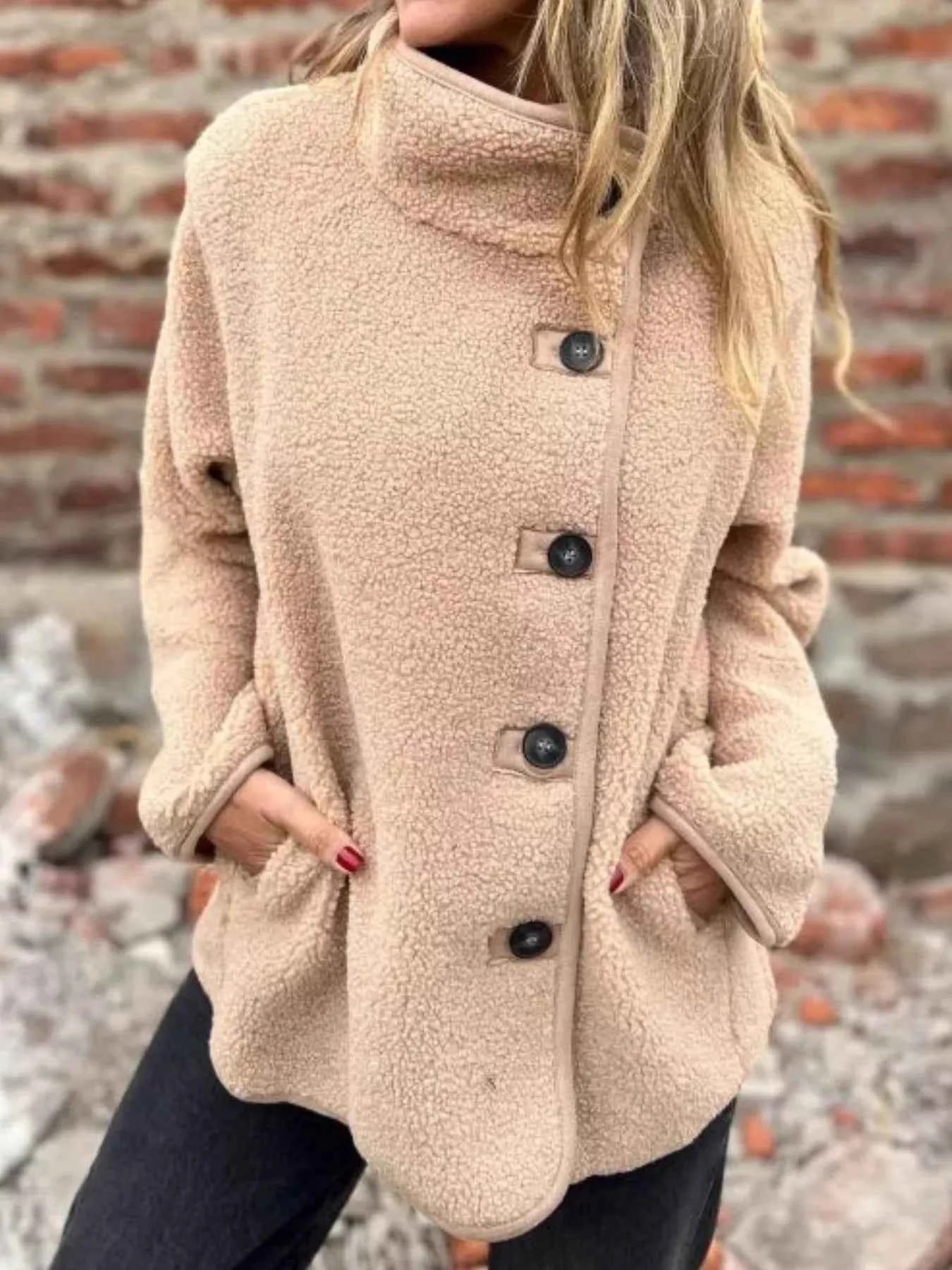 Full Size Button Up Long Sleeve Fleece Jacket Plus Size Khaki 8ff6a150-bbaa-4dd9-8f50-60275674e8f0-Max-Origin