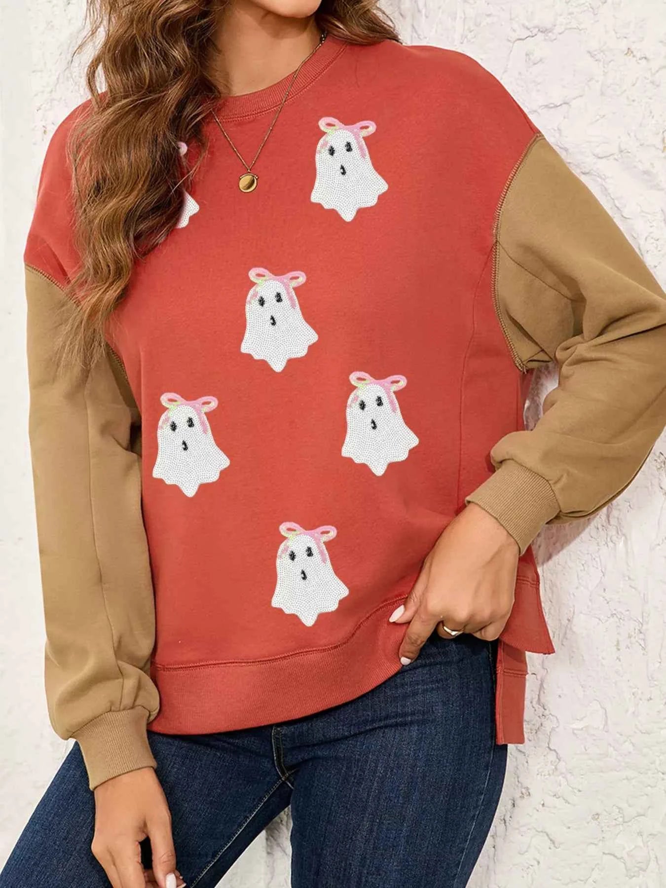 Halloween Glitter Ghost Patched Pattern Color Block Sweatshirt 900ac42e461949249c60862aa84a0131-Max-Origin