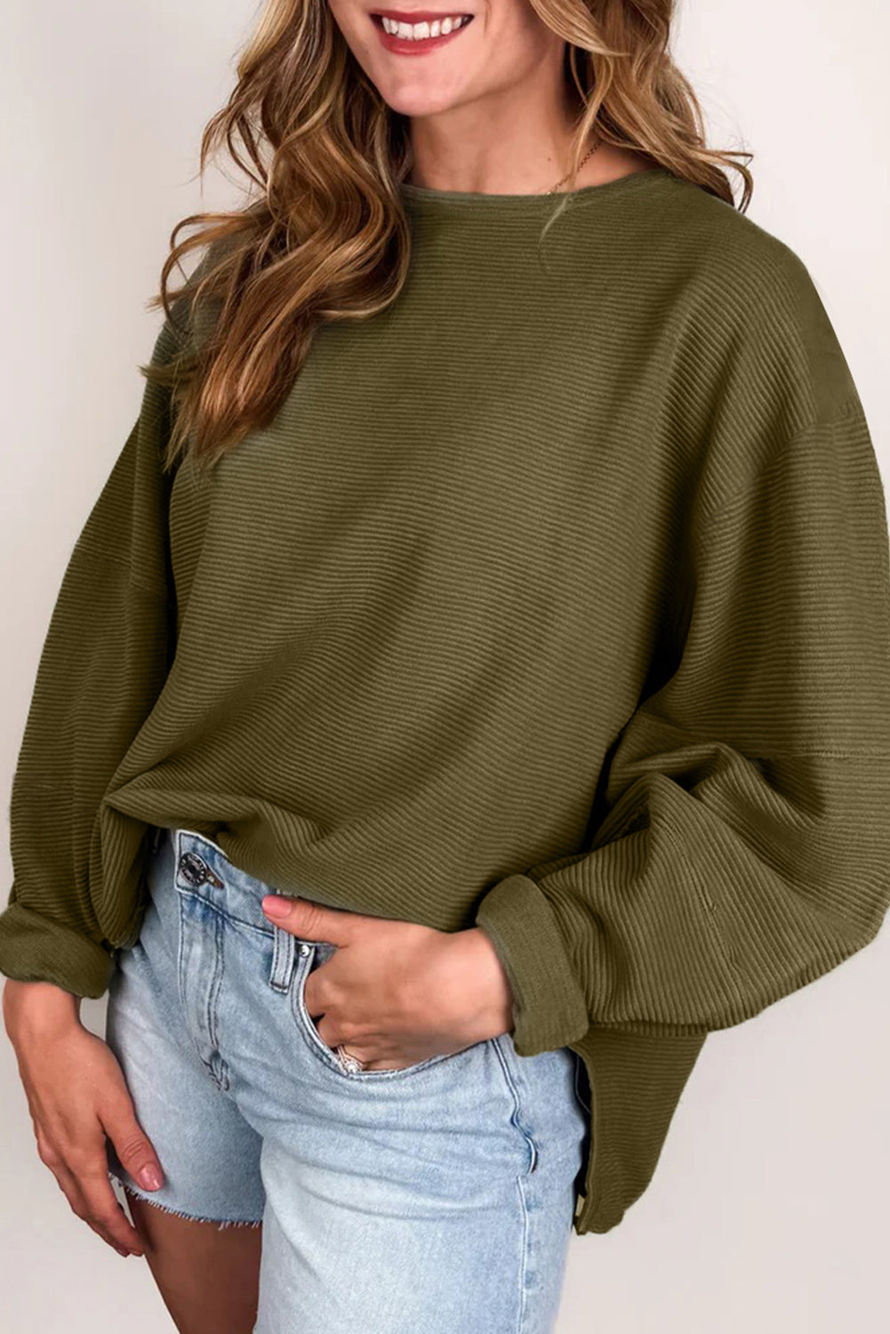Seagrass Plain Ribbed Exposed Seam Loose Top