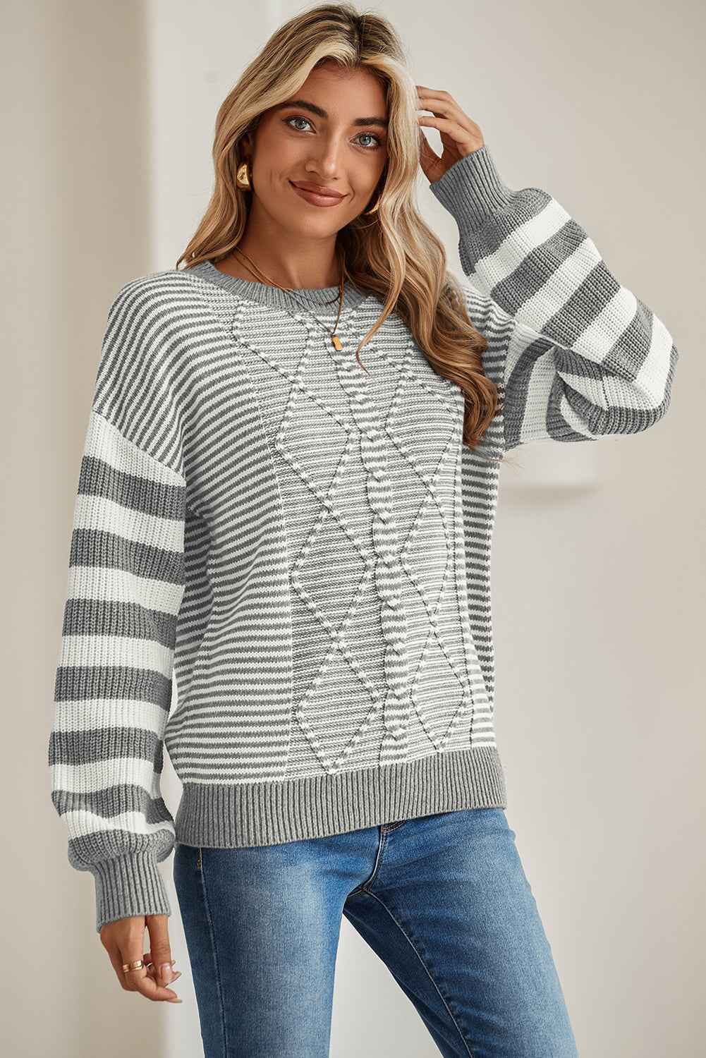 Gray Stripe Twisted Knitted Drop Shoulder Sweater 901bbad45efce14a
