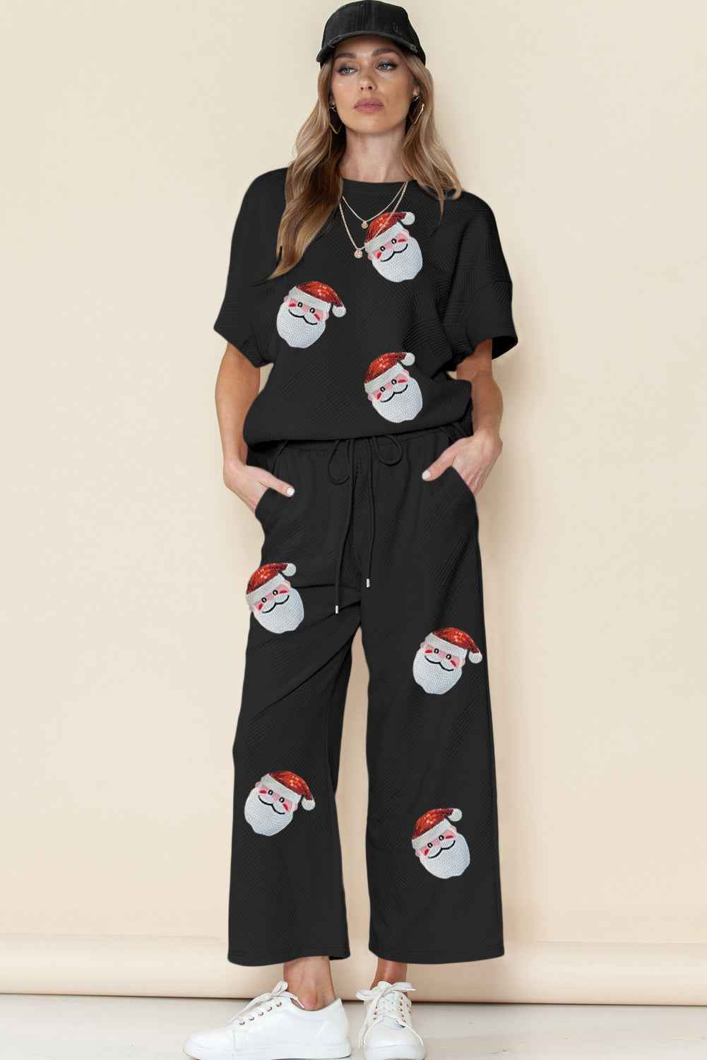 Black Christmas Santa Clause Graphic Sequins Patch Textured Pants Set