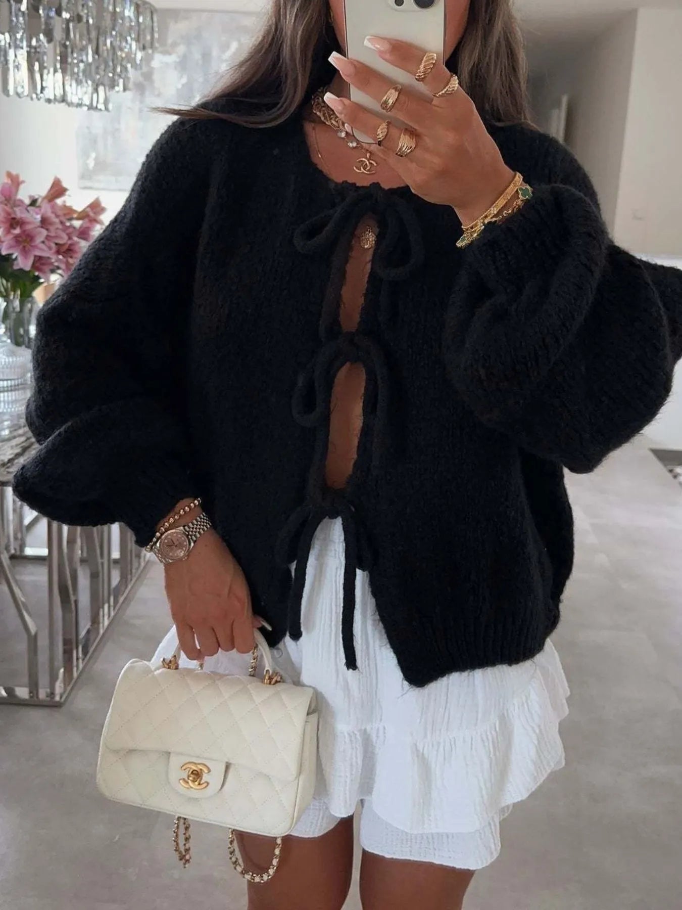 Cozy Bow-Tie Front Knit Cardigan Black 90505ce3-e22e-4781-b59b-f35cc629500e-Max-Origin