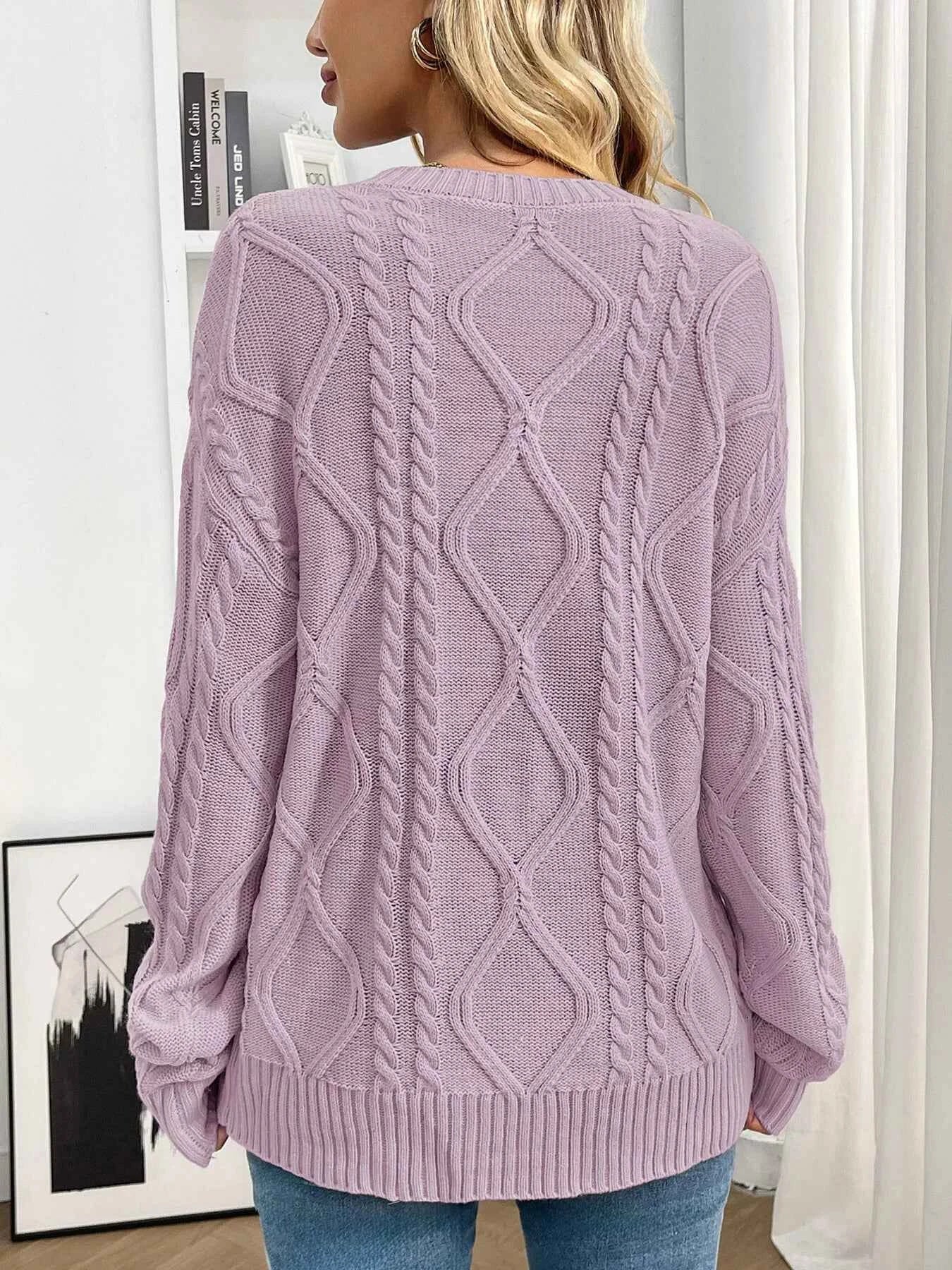Cable Knit Round Neck Long Sleeve Sweater 90897570f9f04976a8f82337ad6f0243-Max-Origin
