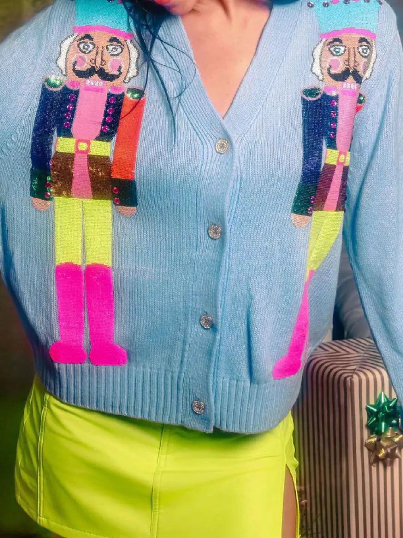 Nutcracker Ribbed Hem V-Neck Cardigan Azure Blue 90afe91e-fb6a-4ba6-a8bd-d3ebd00a73bf-Max-Origin