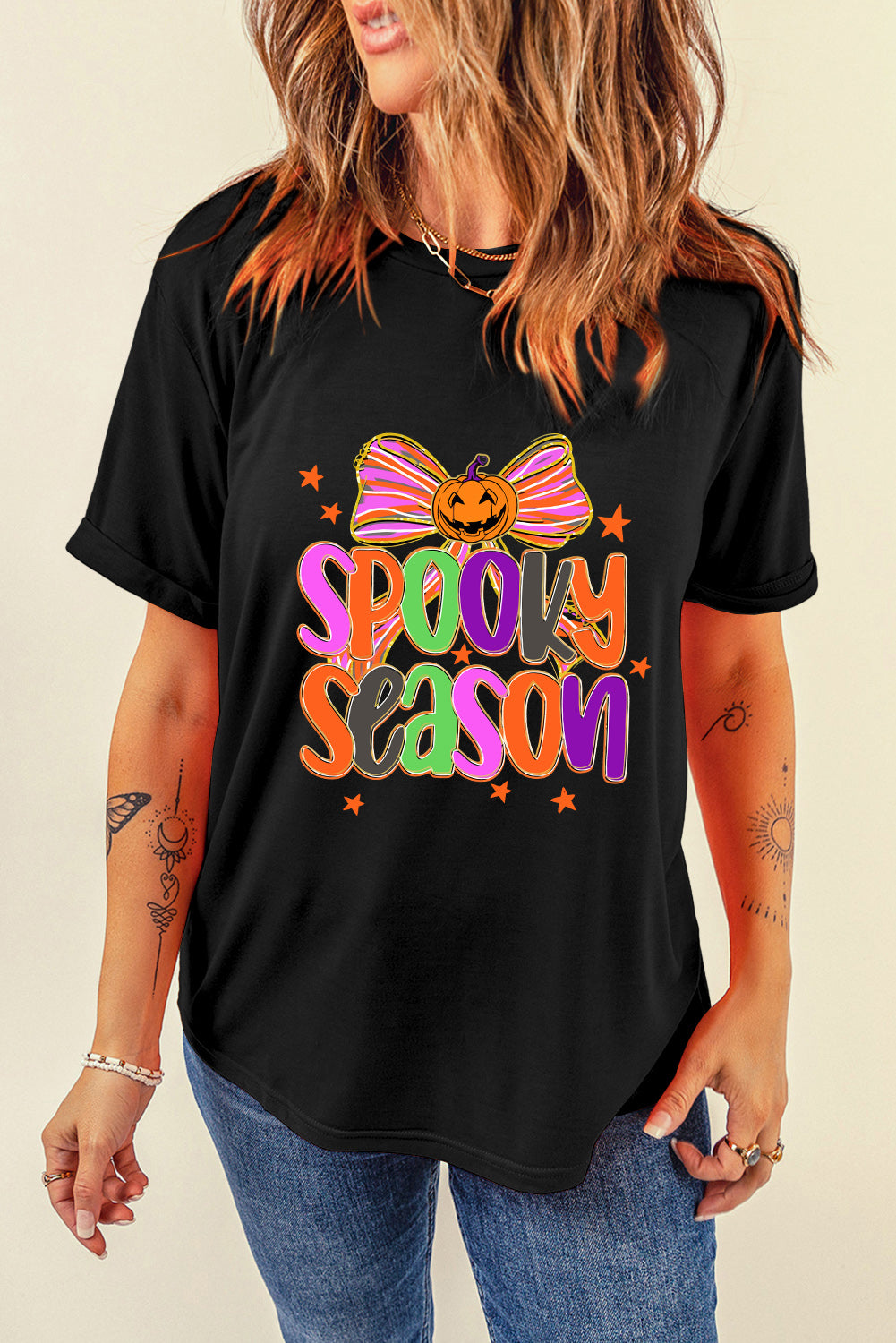 Black SPOOKY SEASON Halloween Pumpkin Bow Heat Transfer Printing T Shirt 90c5ad9432953884