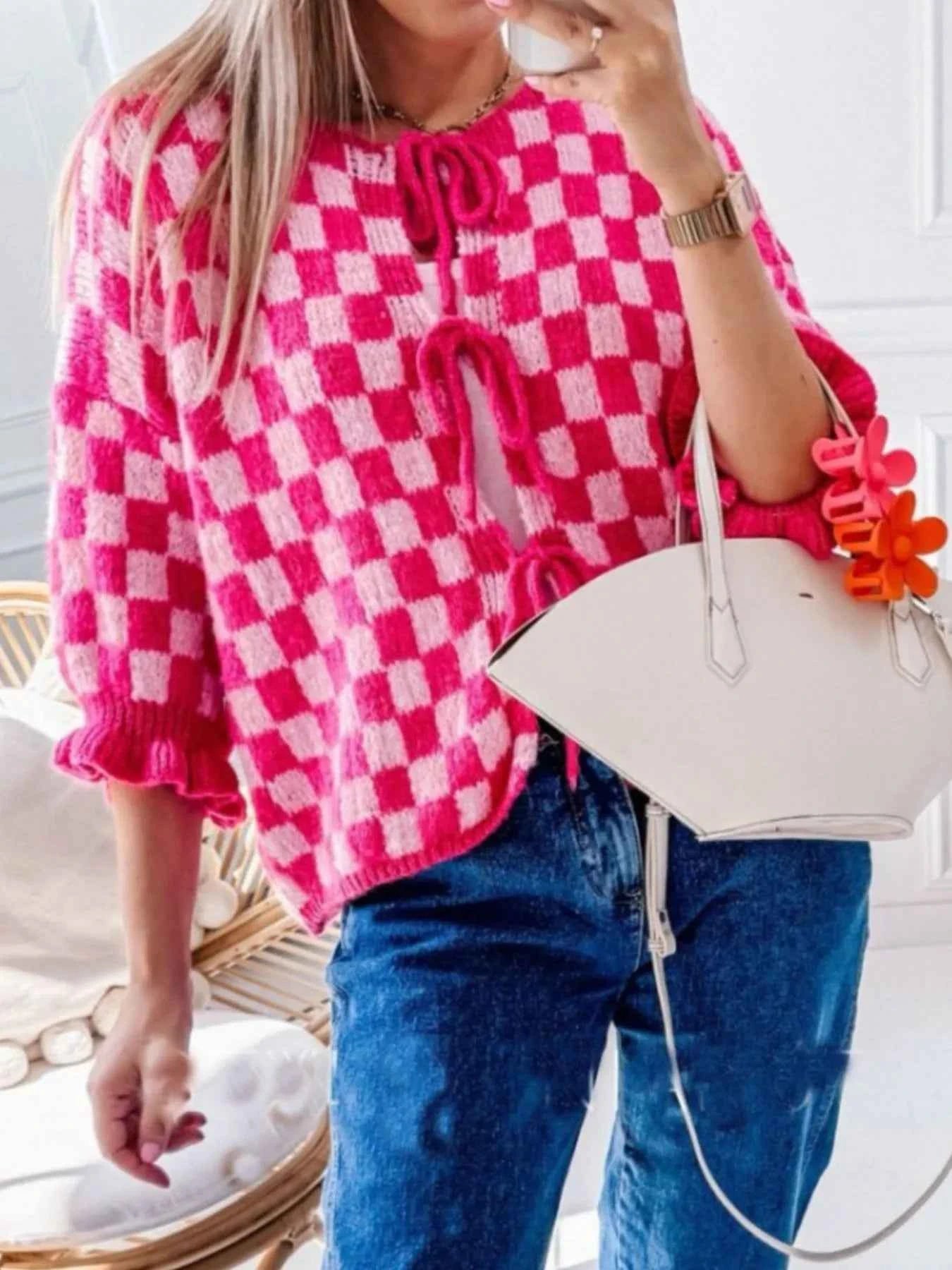 Checkered Tie-Front Knit Cardigan 90f59283-89f2-4cd7-8744-165f8bf0722d-Max-Origin