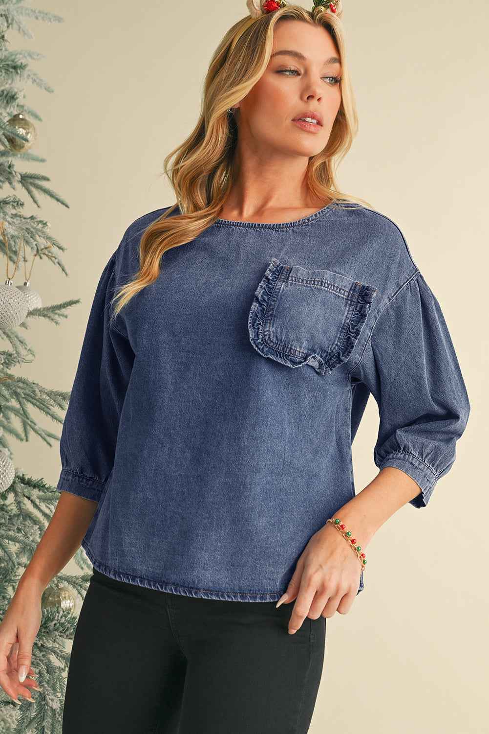 Sky Blue Frill Trim Puff Sleeve Pocket Denim Blouse 912b94694a514de0