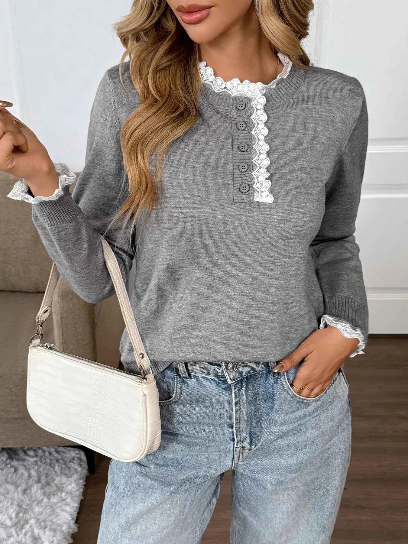 Lace Trim Button Detail Long Sleeve Knit Top 91507309b4ed4258ab769667a6ca7796-Max-Origin