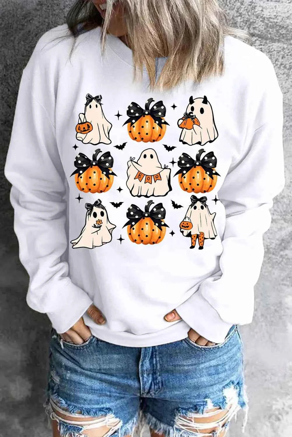 Pumpkin & Ghost Round Neck Long Sleeve Sweatshirt White 91b76f14-4390-4560-986b-99cf02862851-Max