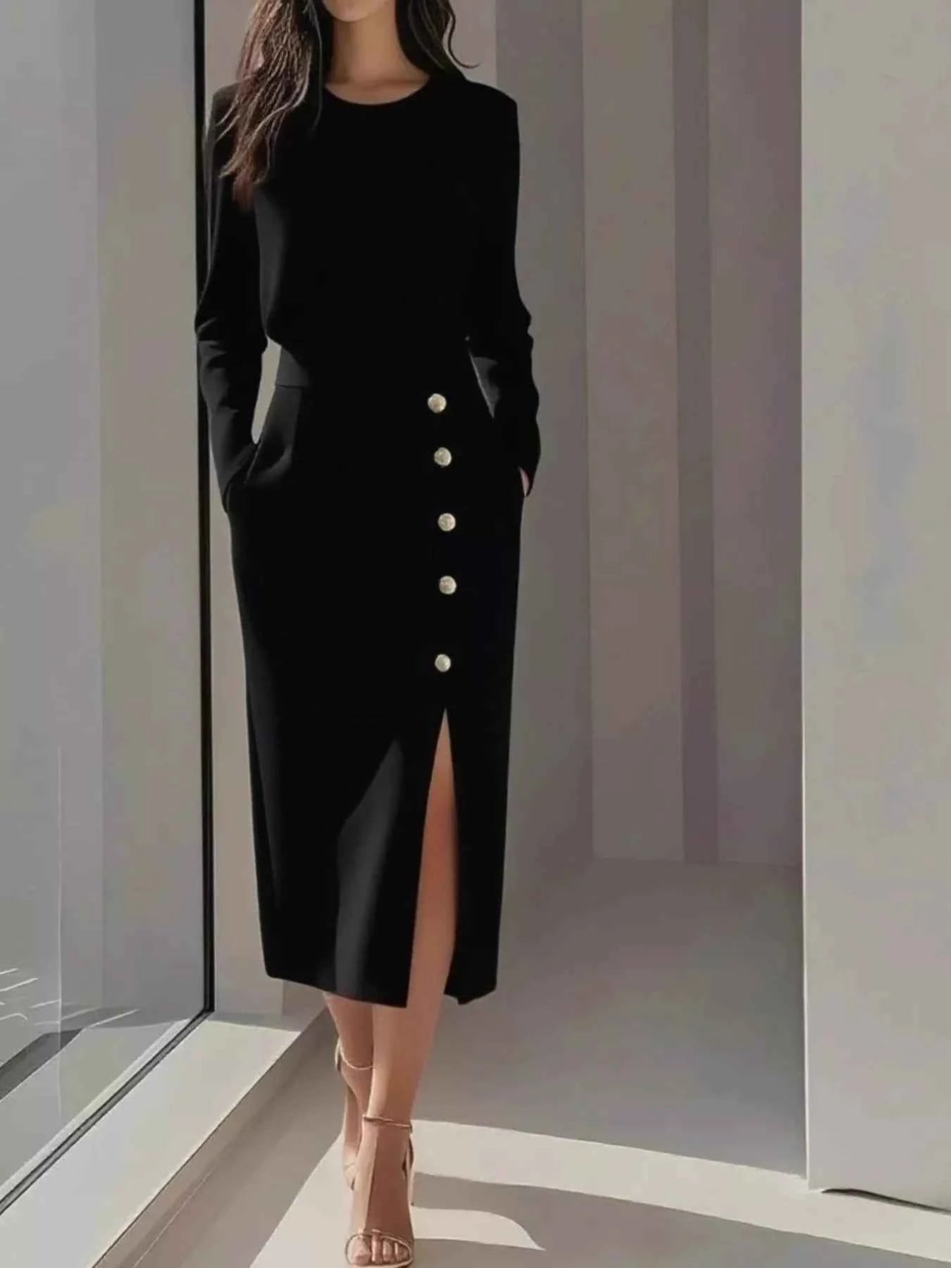 Long Sleeve Button Detail Midi Dress with Side Slit Black 921e961f-67ce-4fd8-99c6-d59e4583478e-Max-Origin