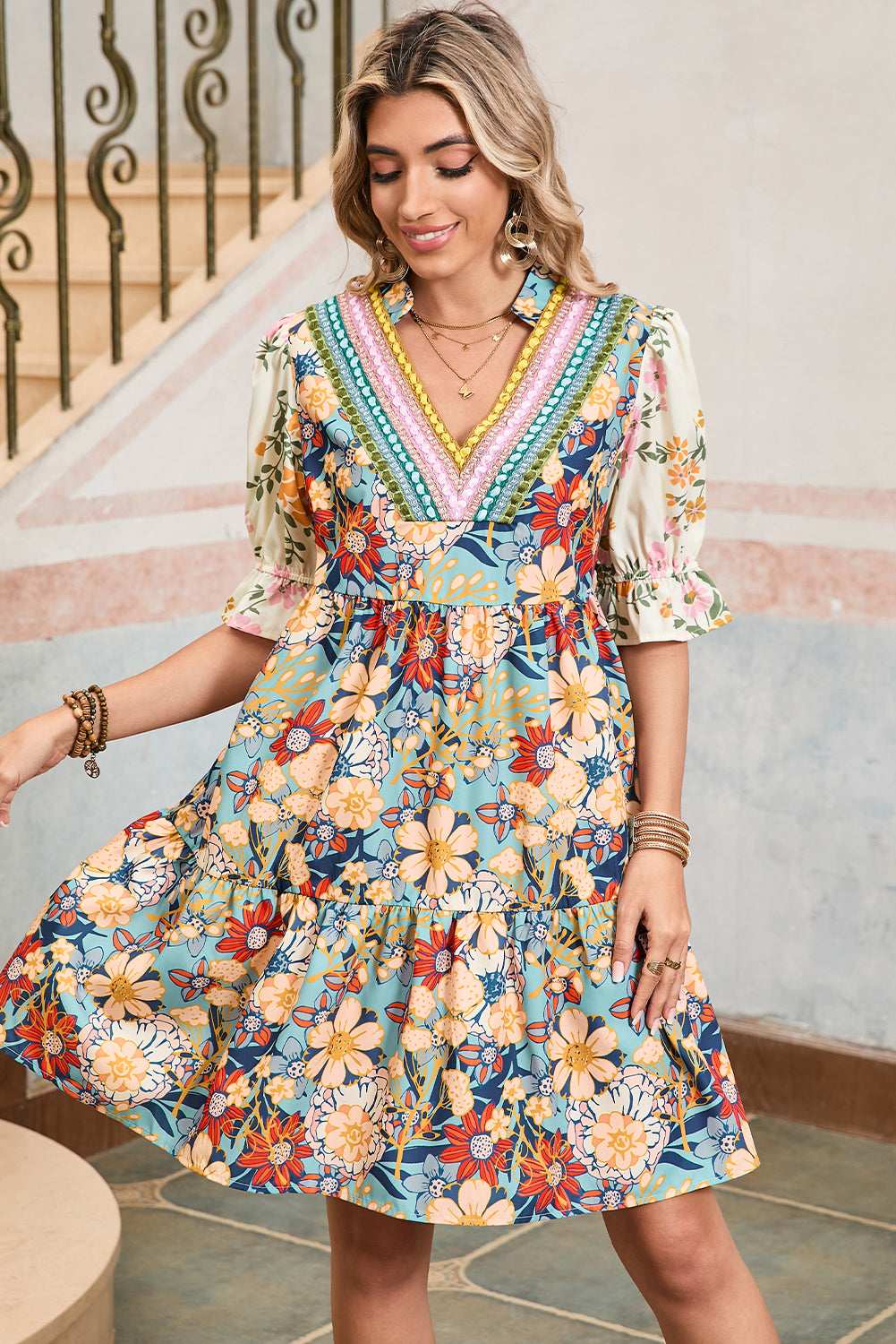 Multicolor Allover Floral Print Tiered Pop of Color Neckline Dress 92ad928c022717f0-_5