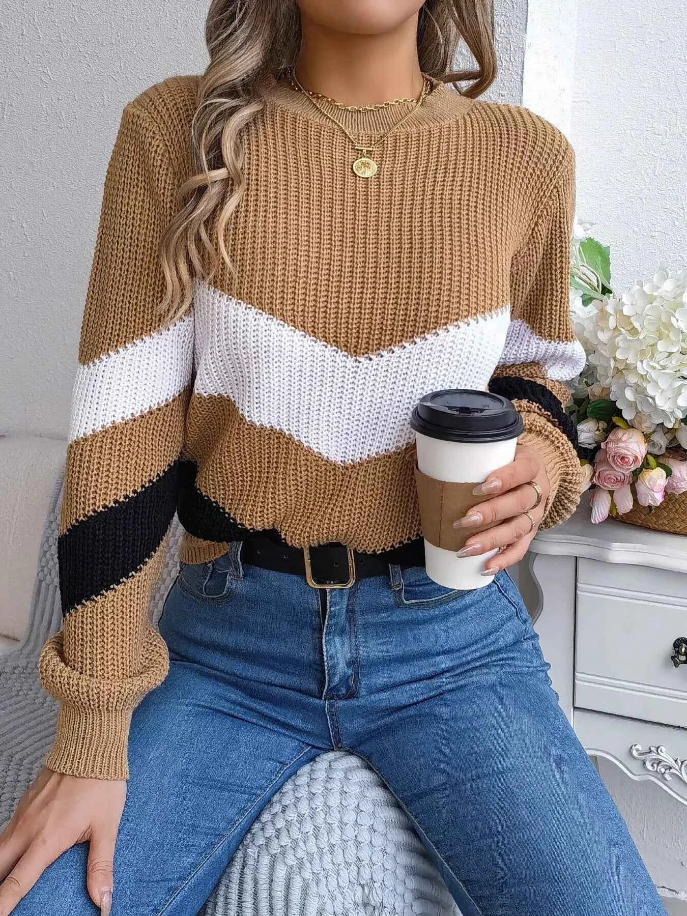 Chevron Stripe Color Block Round Neck Sweater Khaki 92d4e7cc7fa442da863c335dc91bac07-Max-Origin