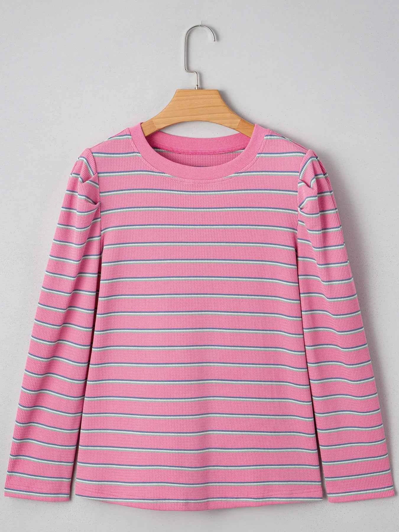 Stripe Textured Knit Round Neck Long Sleeve Top 92ecb3b1206d4f6a9f07f3ba5eb2e04a-Max-Origin