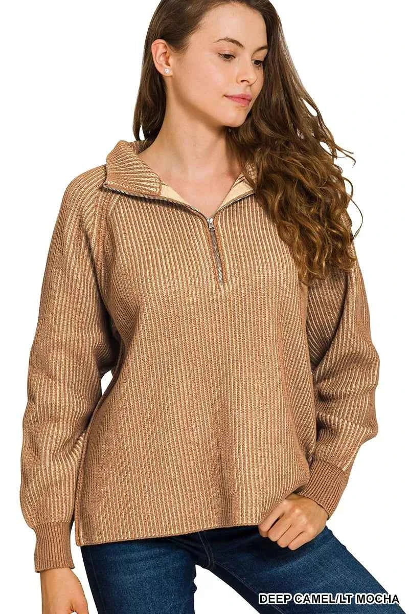 Zenana Ribbed Two Tone Half Zip Sweater DEEP CAMEL LT MOCHA 930dc650dab2419cb8825d2a7f557176-Max-Origin