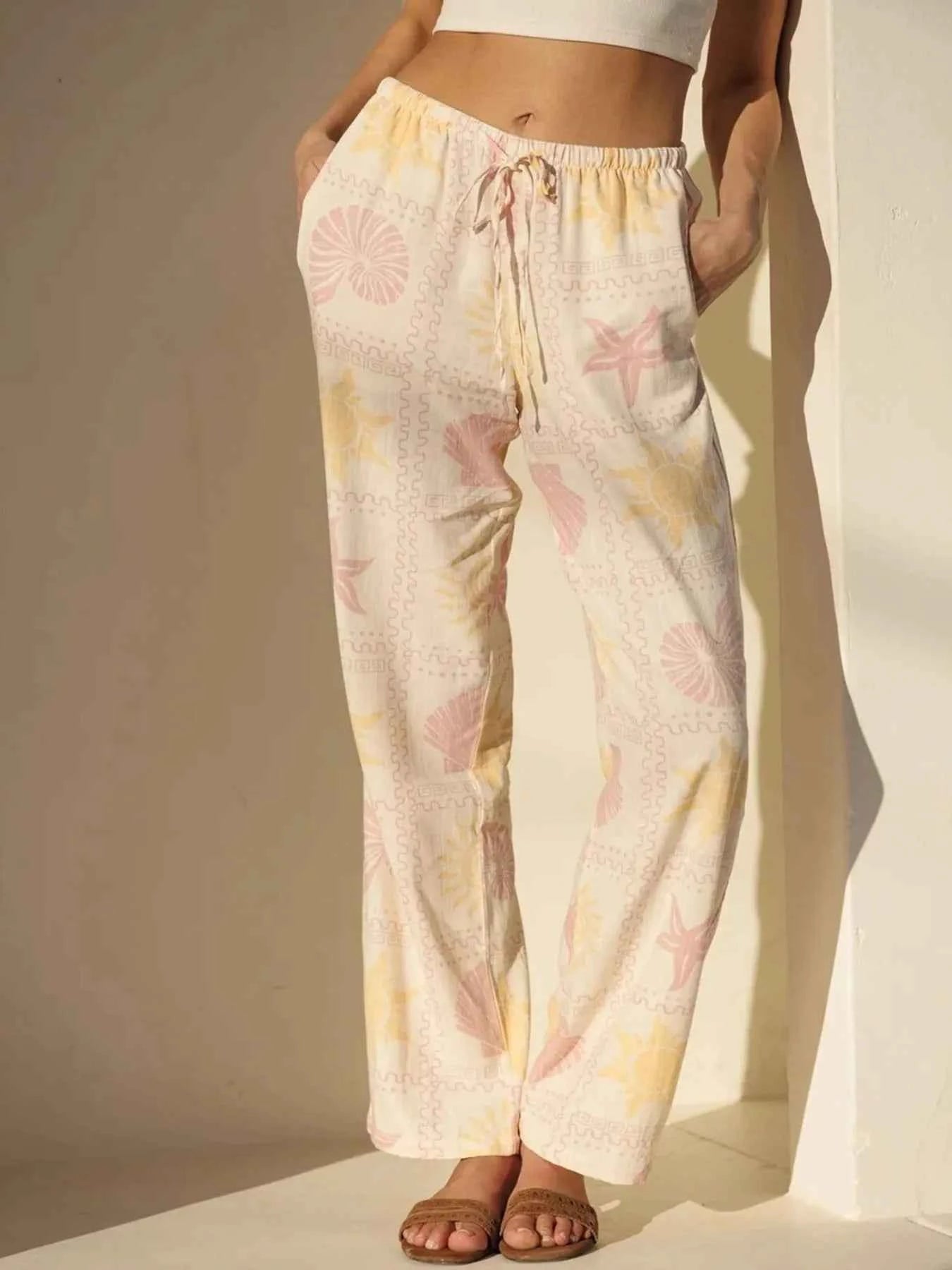 Printed Drawstring Straight Pants Apricot 9324bc38-d523-443a-aeed-1b98cee667ae-Max-Origin
