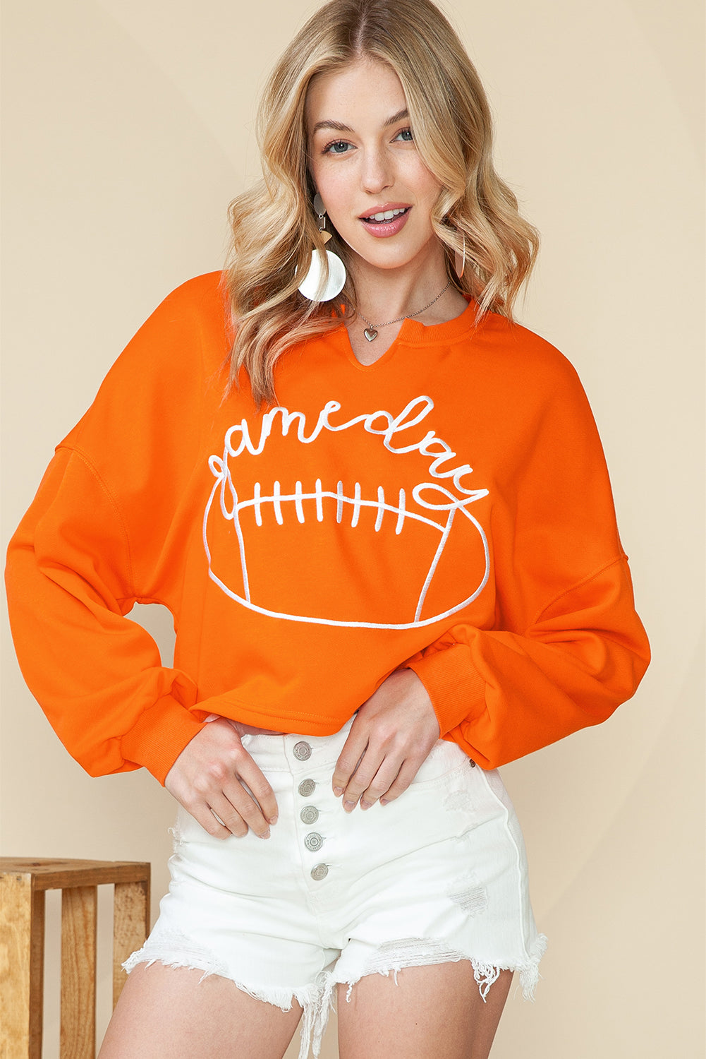 Orange Game Day Lettering Rugby Notched Neck Cropped Sweatshirt 93be278e6918aa79