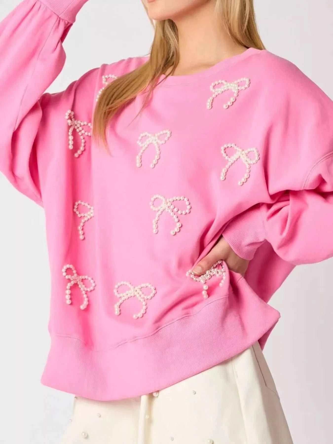 Pearl Embellished Bow Long Sleeve Sweatshirt Pink 93d46704-26a1-42d7-9888-96fa6ad41ff0-Max-Origin