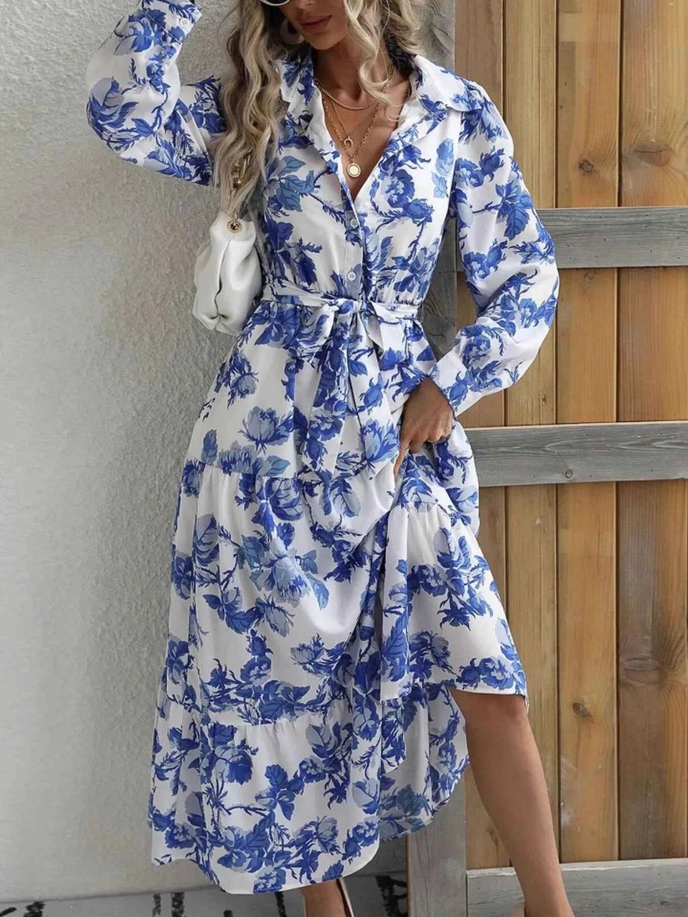 Printed Long Sleeve Shirt Dress Light Blue 93e9f424-5501-4023-98f4-2e5df5322d9b-Max-Origin