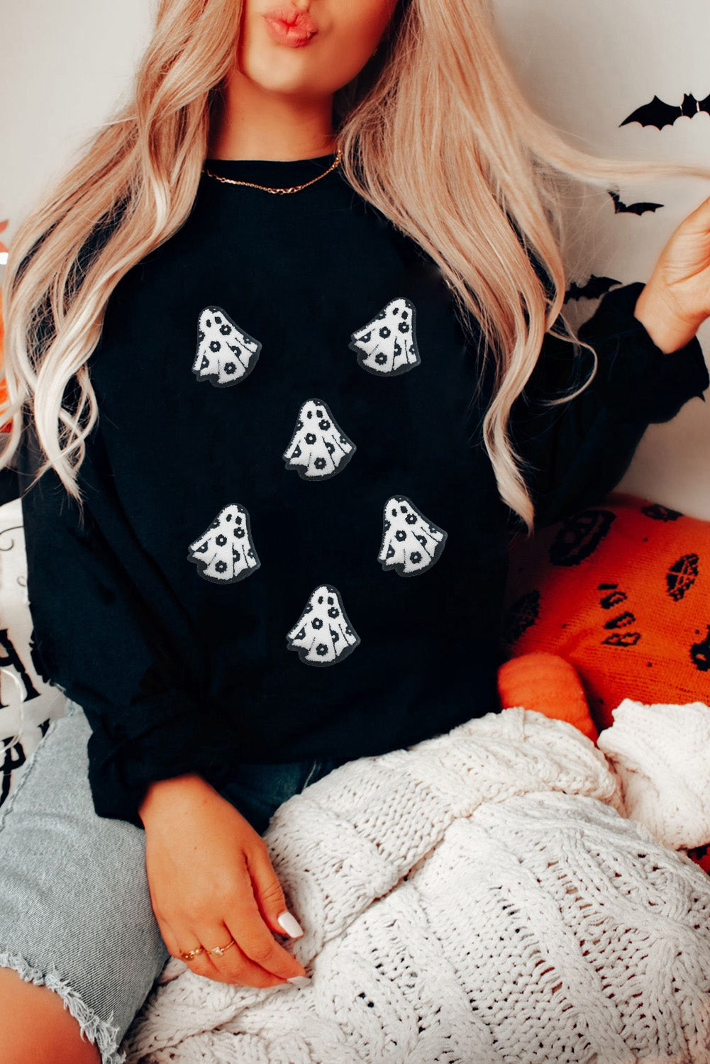 Black Playful Halloween Ghost Terry Flocking Loose Pullover Sweatshirt 943aecb5f678eac4