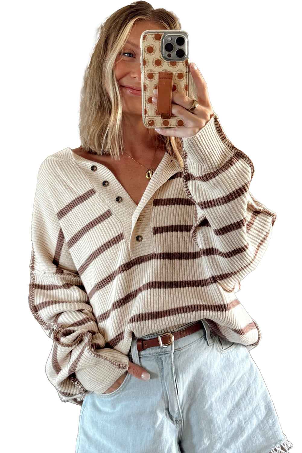Brown Striped Exposed Seam Loose Henley Sweater 952b6a34a138bf5f