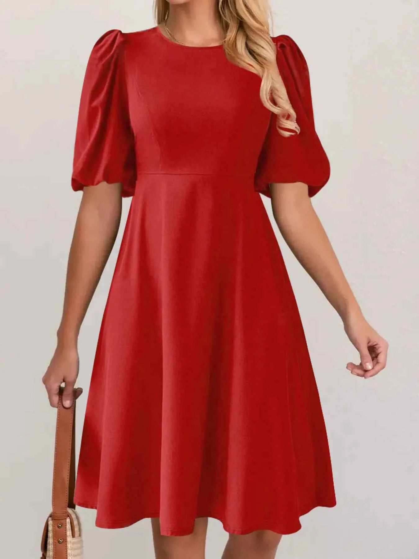 Round Neck Puff Sleeve A-Line Dress Red 955ca5ba0b9e4754a0ff88a1b34790b2-Max-Origin