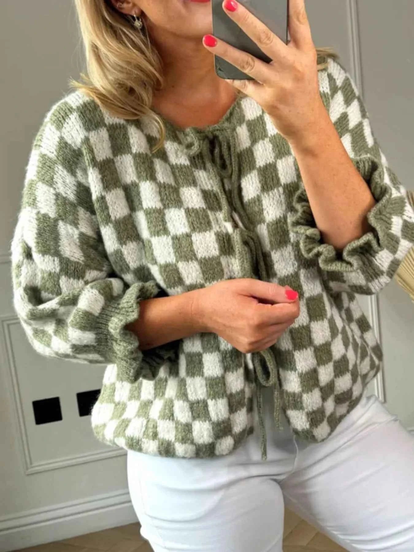 Checkered Tie-Front Knit Cardigan Matcha Color 95614339-e9e0-4352-8f7e-2c5b1e8f7fe3-Max-Origin_753a8c1b-3645-4a0d-ac22-75cc554df222