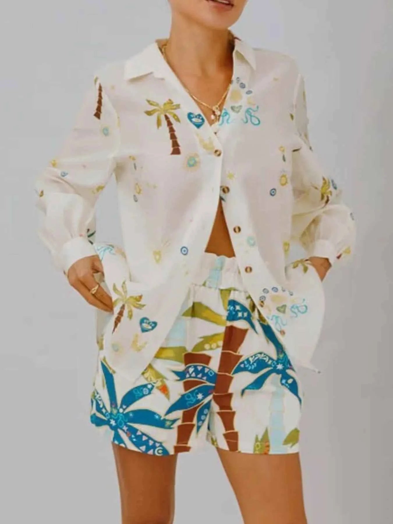 Printed Button Up Shirt and Shorts Set Apricot 957afd69-9484-4070-8770-707784e35672-Max-Origin
