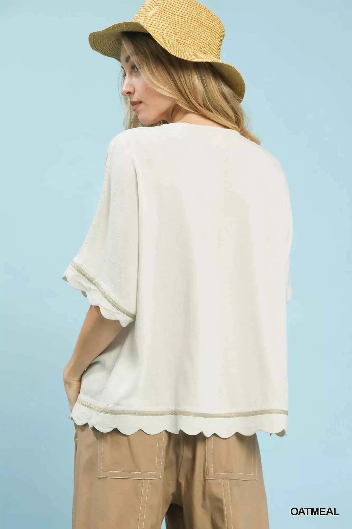 Umgee Linen Blend Scallop Trim Top