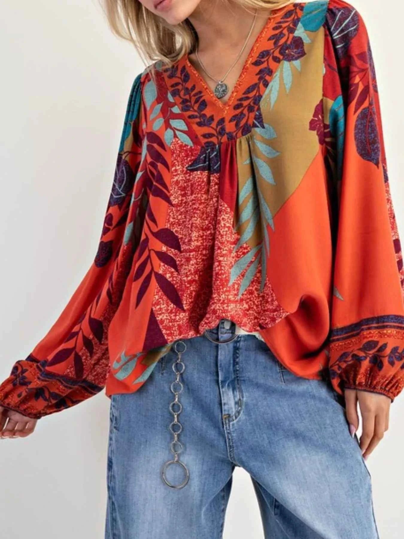 Tropical Print Balloon Sleeve Blouse Red 95f3eae9-accd-4b15-bc2c-38725c58f42f-Max-Origin