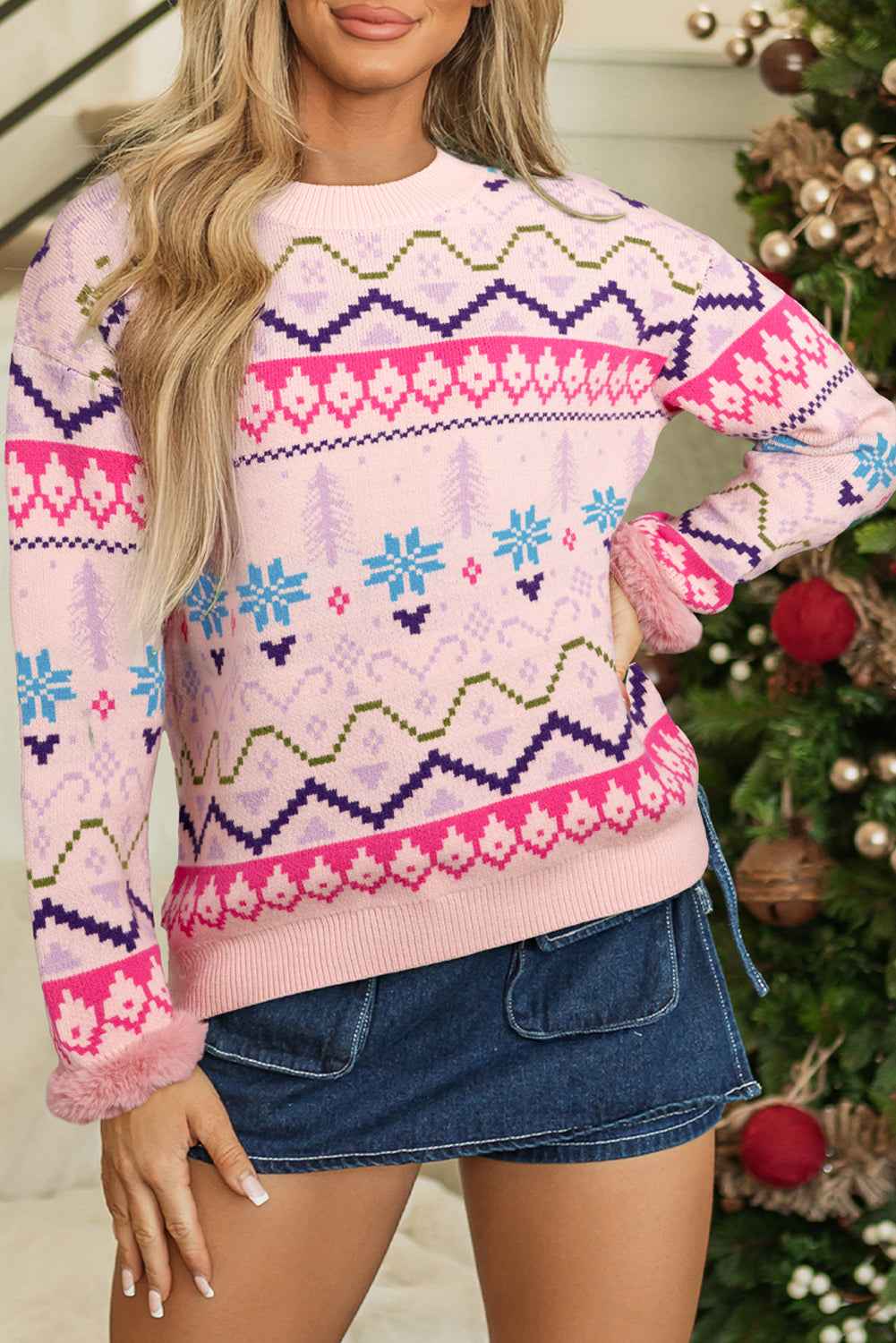 Multicolour Ethnic Christmas Pattern Knit Feather Cuffed Sweater Multicolour 52%Viscose+26%Polyester+22%Polyamide 9659bf79167bdc04
