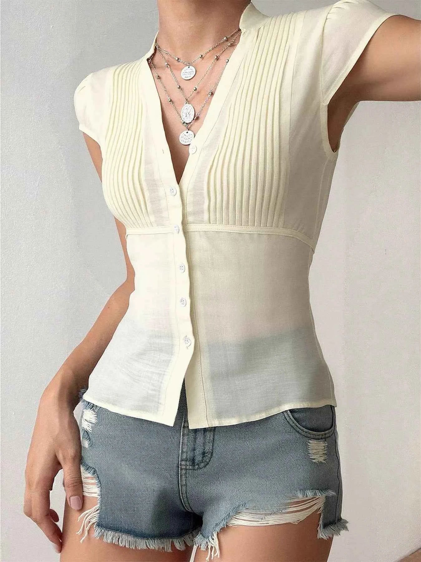 Button Up Cap Sleeve Shirt Yellow 9672ba96d9d24f80b1803750d6fd26f3-Max-Origin