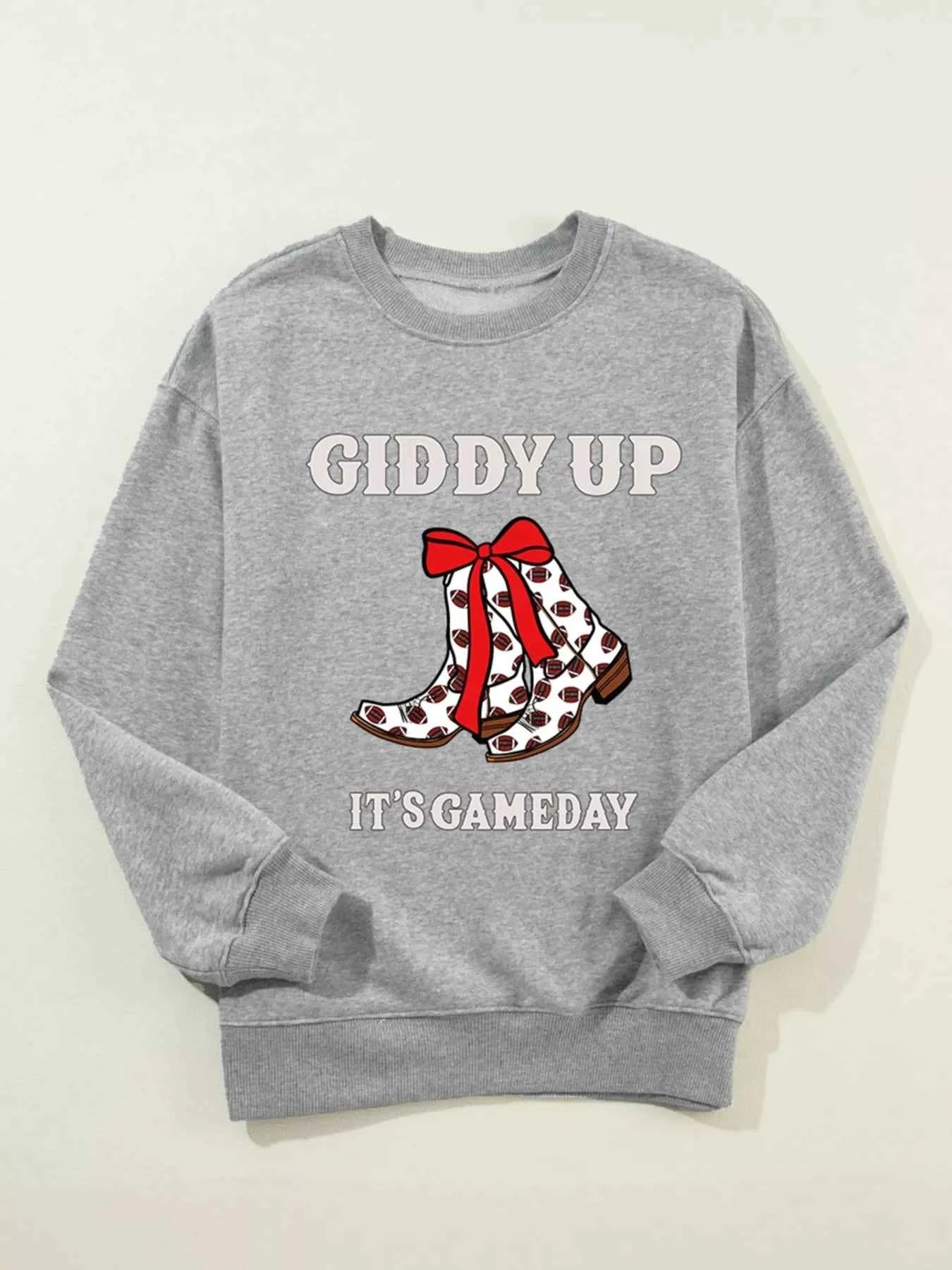 GIDDY UP ITS GAME DAY Cowgirl Boots Graphic Sweatshirt 96e24a210dc64593b652b7c94158fe46-Max-Origin