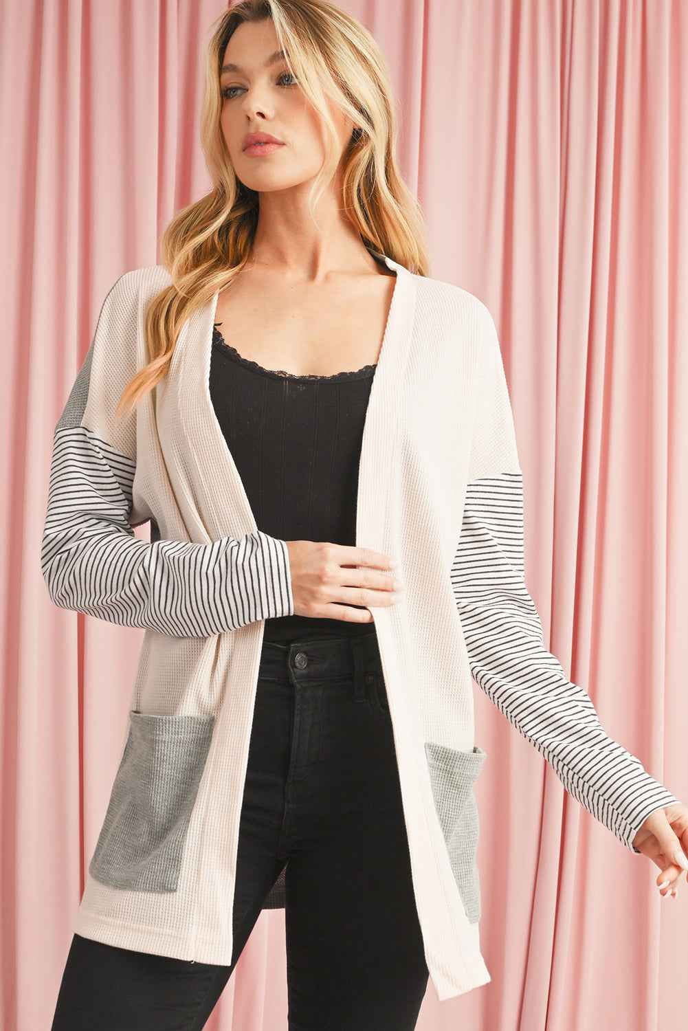 Black Striped Patchwork Pocket Open Front Cardigan 97ace978dd9b08b1
